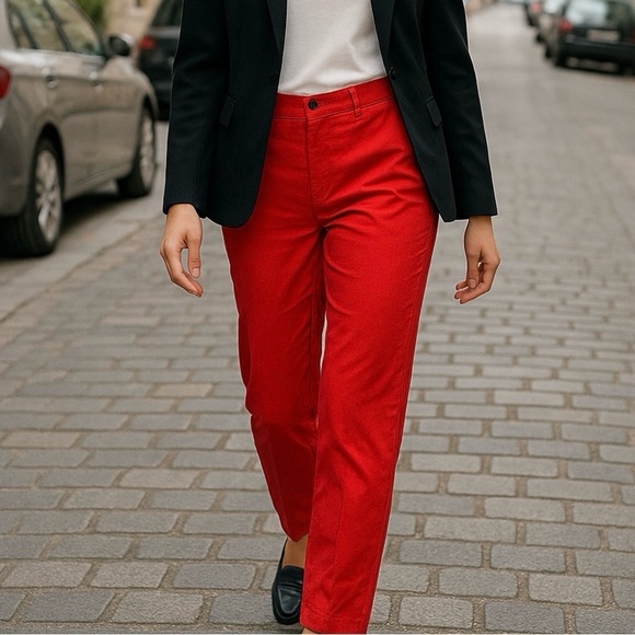 Lacoste Red Cotton Straight Leg Pants Women’s Size 10 - Picture 2 of 11